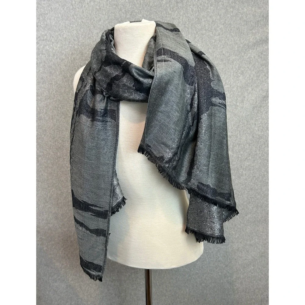 Silver Black Metallic Scarf Wrap Abstract Fringe Minimalist Neutral Accessory